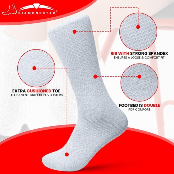 Diabetic Socks, Non-Binding Circulatory Cushion Cotton Crew Diabetic Socks White - Picture 5 of 8